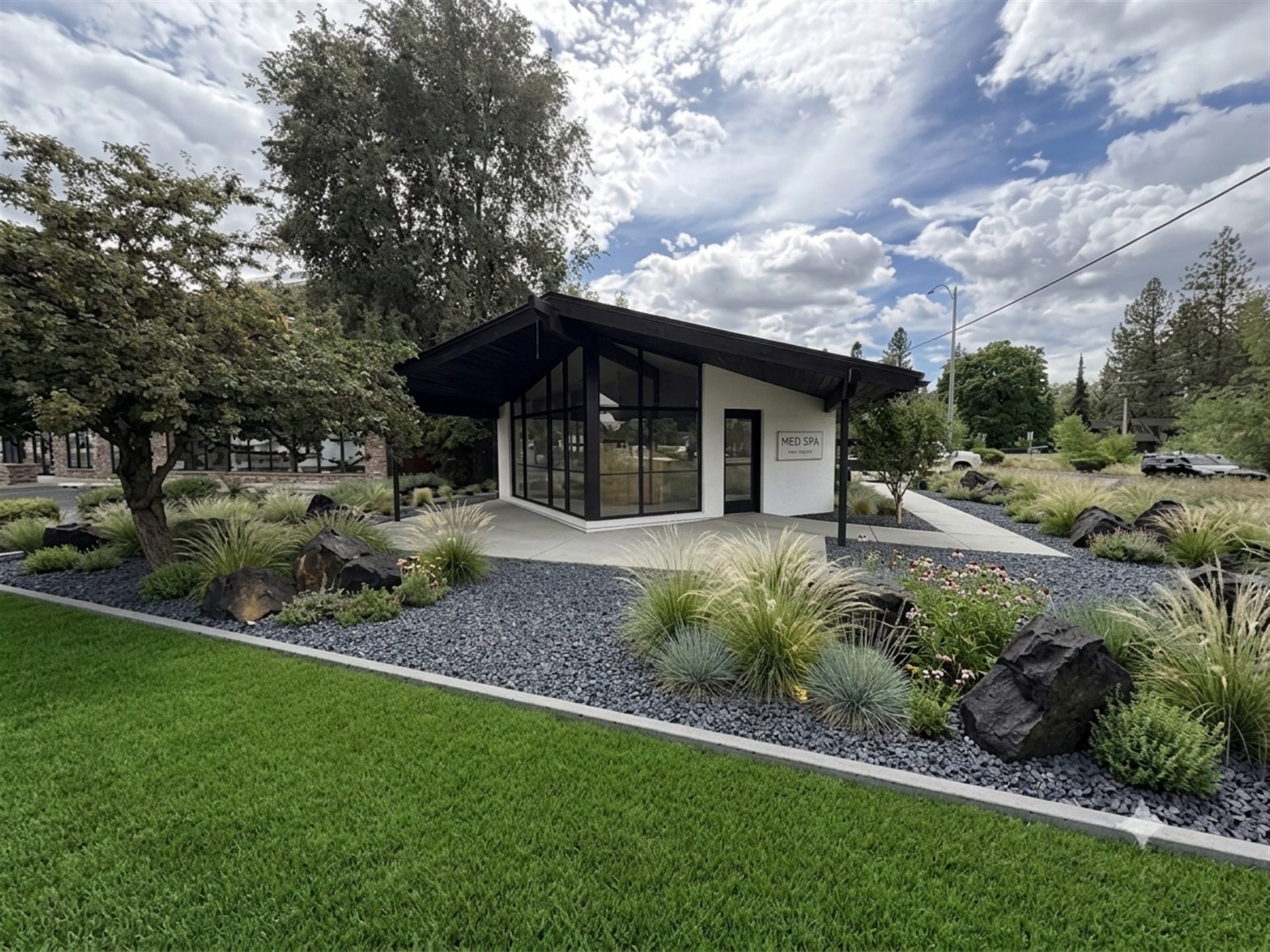 Rendering of the Proof Medical Spa building on North Division Street in Spokane, a mid-century inspired structure with floor-to-ceiling windows and native landscaping.
